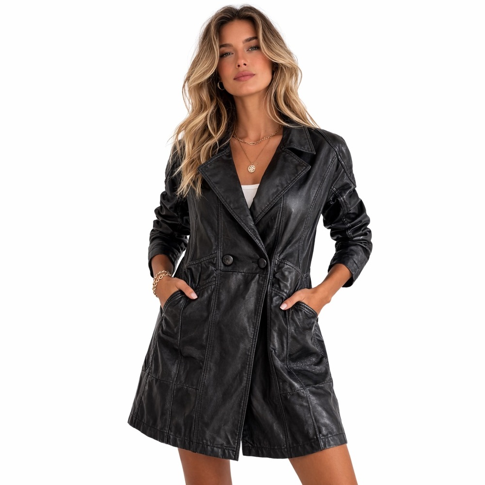 Vintage Black Leather Trench Coat Petite Small 90s Minimal Goth